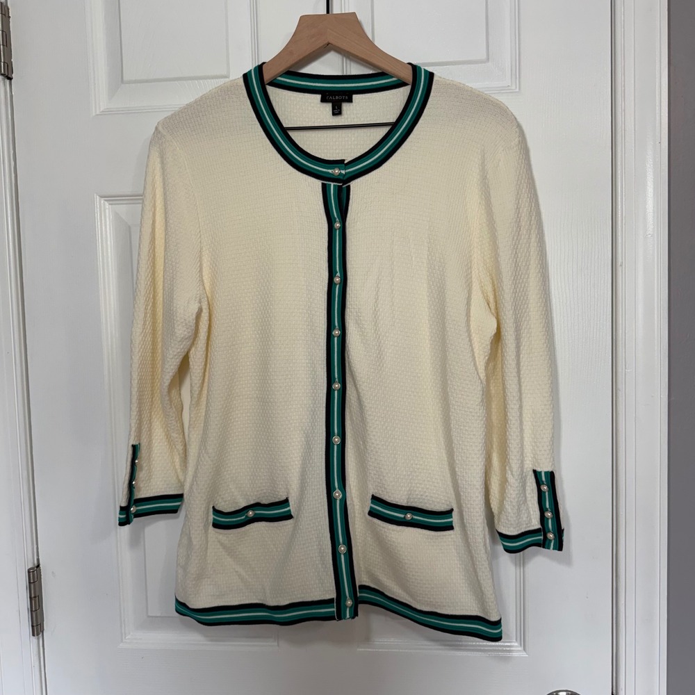 Talbots Cream Textured Cardigan Pearl Button Green Navy Stripe Trim Large